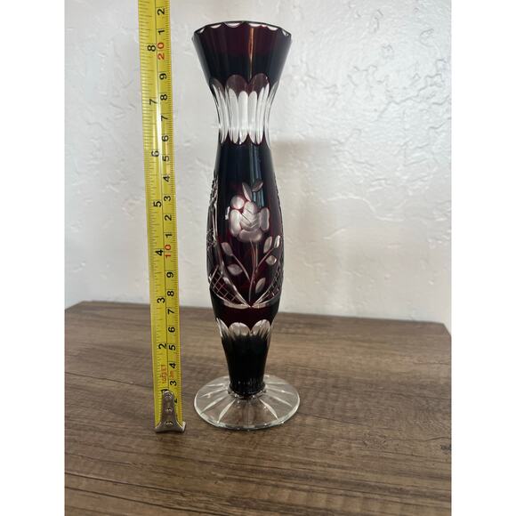 Vintage Ruby Cut Glass Bud Vase Floral Etched Crystal 8” Tall - Picture 9 of 10